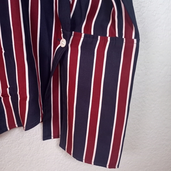 Frame Silk Burgundy Red Navy Cream Striped French Cuff Boho Button Down Shirt M - Picture 4 of 10